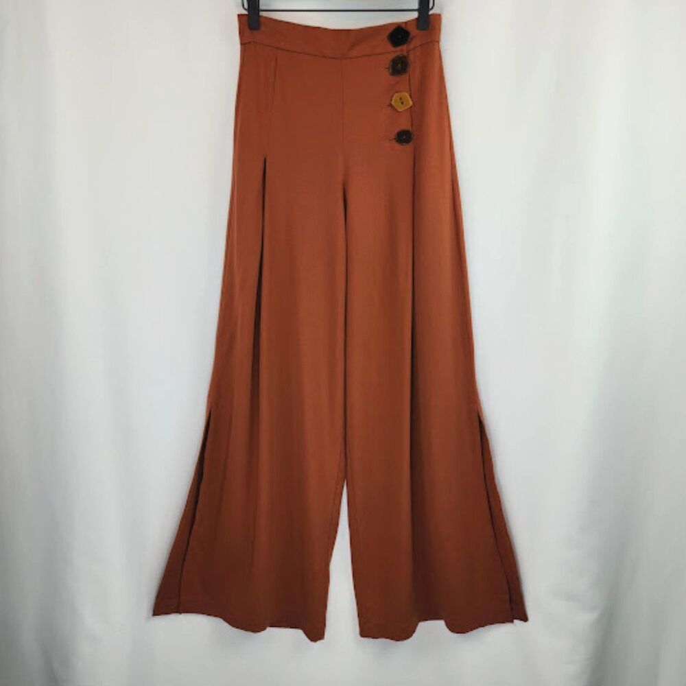 Zara TRF Women's Rust Orange Wide Leg Side Button Trouser Pants Size S
